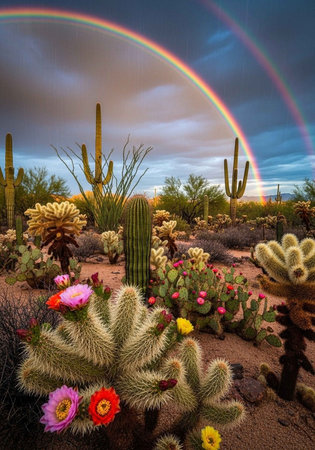 Rainbow over Saguaro National Park, Arizona, USA.の写真素材