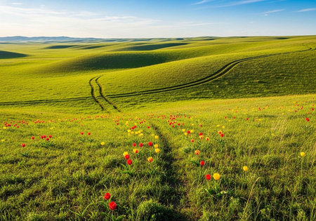 Beautiful spring field with blooming tulips. Tuscany, Italyの写真素材