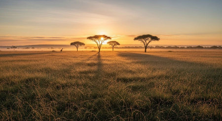 Sunset over Serengeti National Park in Tanzania, Africaの写真素材
