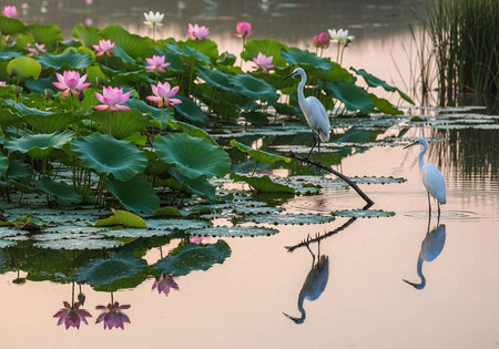 White egret in the lake with pink lotus flower and reflectionの写真素材