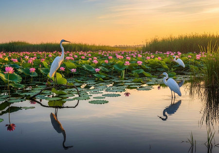White egret and pink lotus in the lake at sunset.の写真素材