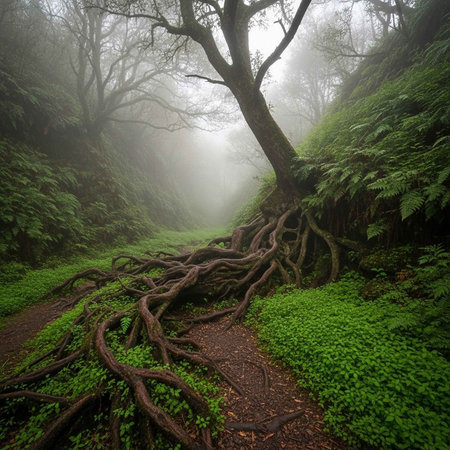 Foggy morning in the forest. Dark mysterious forest with tree roots.の写真素材