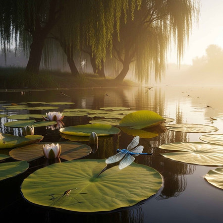 Water lilies and willow on the lake in foggy morningの写真素材