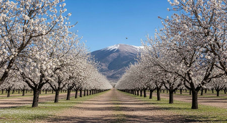 Almond trees in full bloom in spring with Mount Etna in the backgroundの写真素材