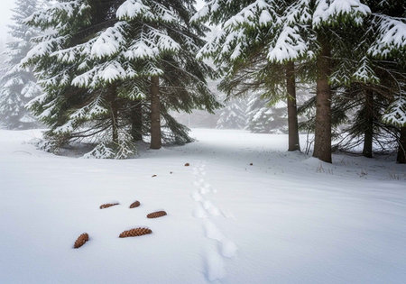Footprints in the snow in a pine forest in the mountains.の写真素材