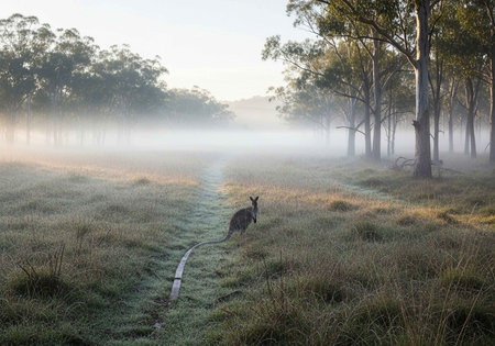 Kangaroo in the mist at sunrise in the Australian bush.の写真素材