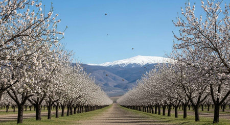 Blossoming almond trees in orchard with snow capped mountain in the backgroundの写真素材