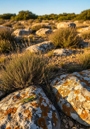 Lizard on a rock in the middle of the field at sunsetの写真素材