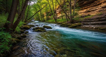 Beautiful view of a river flowing through the woods in the springの写真素材