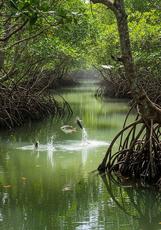 Mangrove forest with fish jumping out of the water.の写真素材