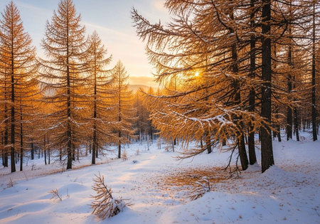 Sunset in the winter coniferous forest. Winter landscape.の写真素材