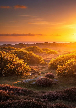 Sunset over heathland on the Isle of Wight, UKの写真素材