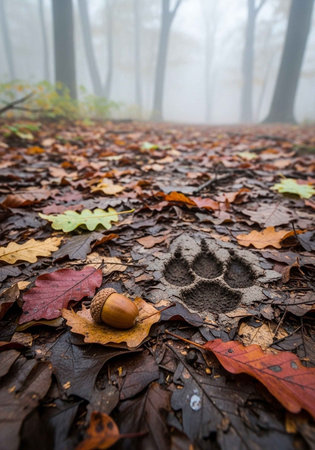Foggy autumn forest with acorns and leaves on the groundの写真素材