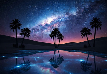 Milky Way over the desert with palm trees and reflection in waterの写真素材