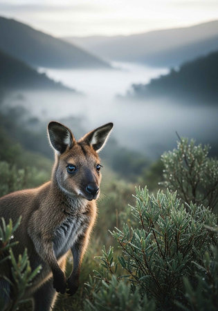 Kangaroo in the misty morning. Australian native animal.の写真素材