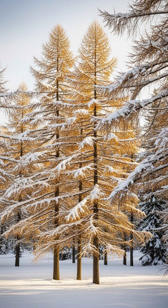 Larch trees covered with snow in the winter forest. Winter landscape.の写真素材