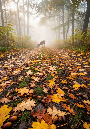 Autumn landscape with dog and chestnut leaves in foggy forestの写真素材