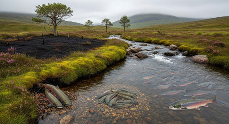 Panorama of a river with rainbow trout in the Scottish Highlands.の写真素材