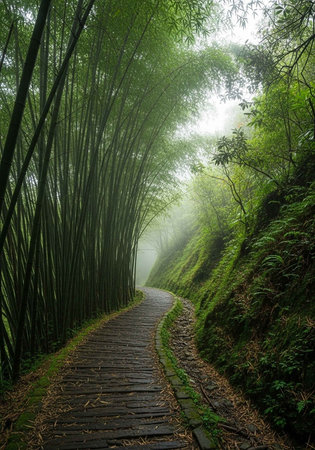 Bamboo forest in a foggy morning, Taipei, Taiwanの写真素材