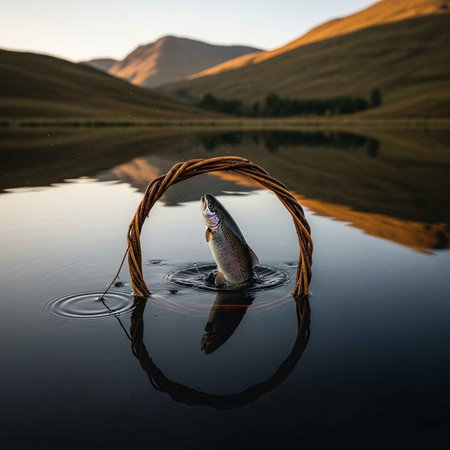 Rainbow trout in a wicker basket on the background of the setting sunの写真素材