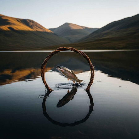 Rainbow trout on the surface of a lake.の写真素材