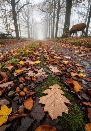 Autumn forest with fallen leaves, acorns and deer in fogの写真素材