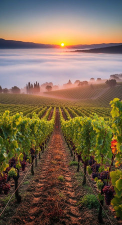 Sunrise over vineyard in Chianti, Tuscany, Italyの写真素材