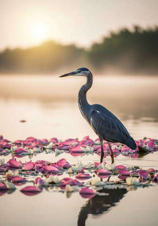 Heron standing on lotus flowers in the morning, Thailand.の写真素材