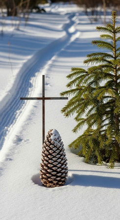 christian cross in the snow with coniferous tree in the backgroundの写真素材
