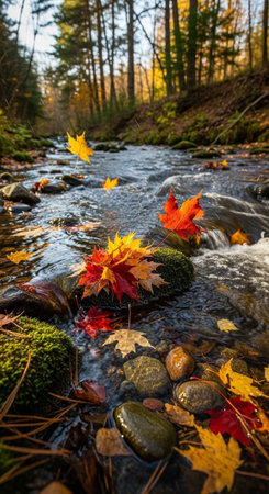 Autumn leaves on the rocks in the forest stream. Beautiful autumn landscape.の写真素材