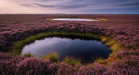 Sunset over the heather field with small lake in the foregroundの写真素材