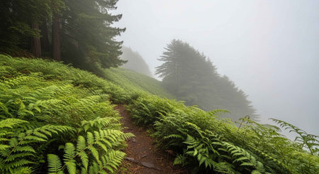 Mountain trail in the foggy forest with ferns.の写真素材