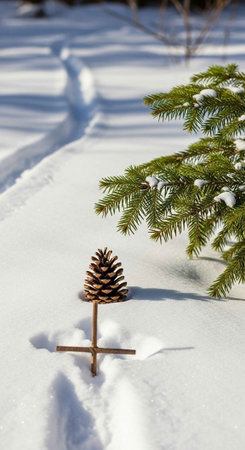 Wooden tree in the snow with pine cone and pathの写真素材