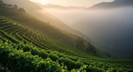Green Vineyards at Sunrise in the Chiang Rai Province, Thailandの写真素材