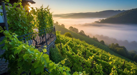 Sunrise over vineyards in the Chianti region, Tuscany, Italyの写真素材