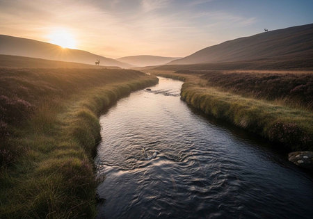 Sunset over a small river in Englandの写真素材