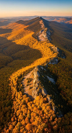 Aerial view of the beautiful autumn forest in mountains at sunset.の写真素材