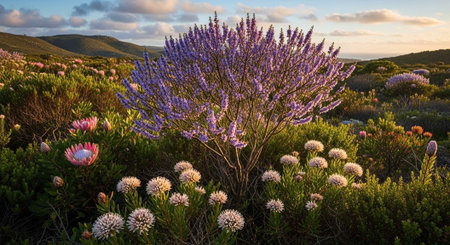 Lavender blooming in the mountains at sunset, Cape Town, South Africaの写真素材
