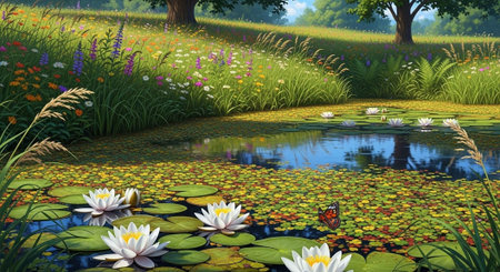 3d render of a pond with water lilies and a butterflyの写真素材