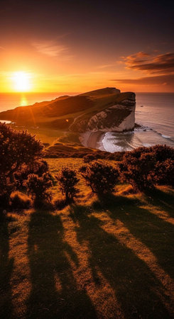 Sunset at Etretat, Normandy, France. Beautiful landscape at sunset.の写真素材