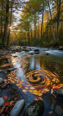 Autumn forest stream with colorful leaves and sunbeams, long exposureの写真素材