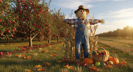 3d illustration of a scarecrow in an apple orchard.の写真素材