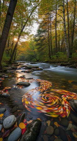 Autumn forest with colorful leaves on the banks of a mountain riverの写真素材