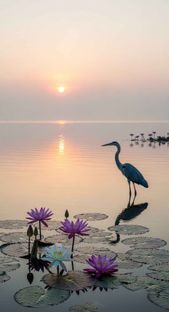Beautiful lotus flower and heron in the lake at sunsetの写真素材
