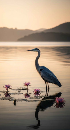 Great Blue Heron on the lake with pink lotus and mountain backgroundの写真素材