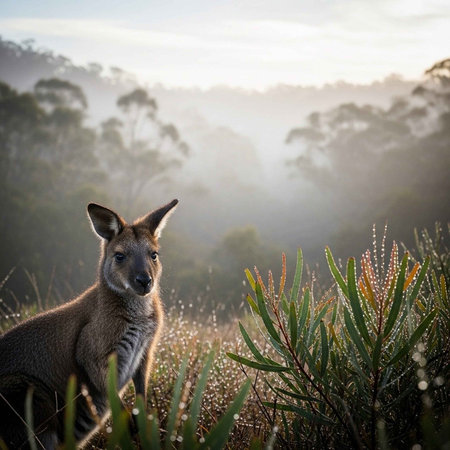 Kangaroos at sunrise in the Australian bush, Australia.の写真素材