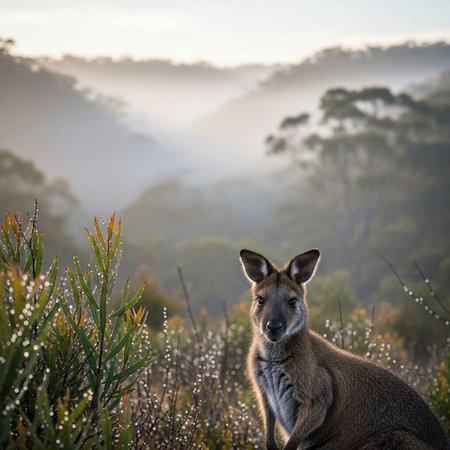 Kangaroo in the morning light at sunrise in Tasmania, Australiaの写真素材