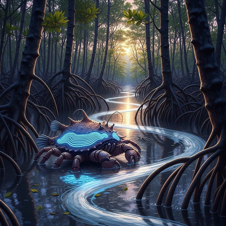 Mangrove forest with a crab in the water, 3d renderの写真素材