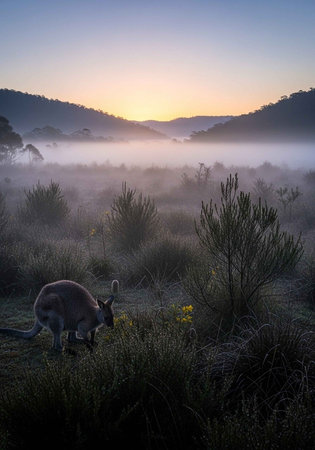 Kangaroo in the morning mist at sunrise, Tasmania, Australiaの写真素材