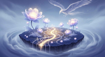 Fantasy landscape with water lily flower, road and flying birdsの写真素材